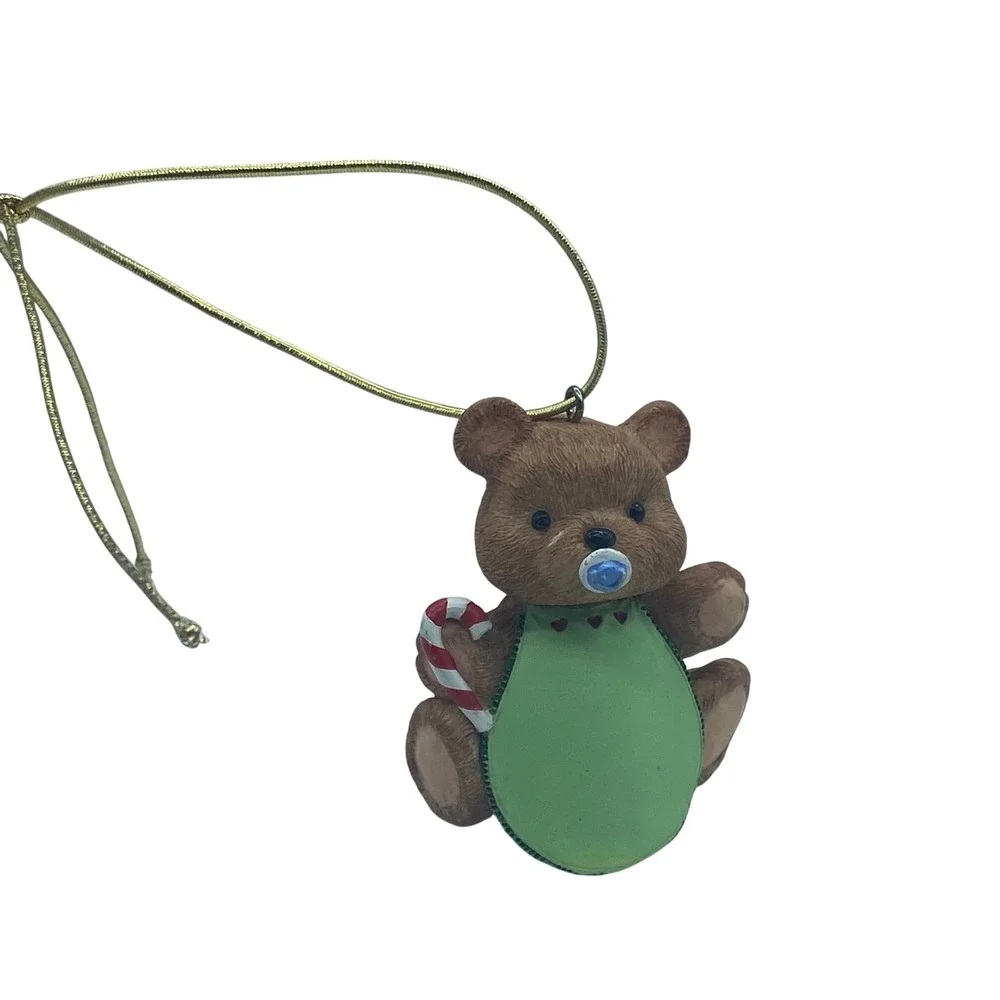 Vintage 1995 Hallmark‎ Baby Bear Ornament Green Bib Candy Cane Pacifier Resin